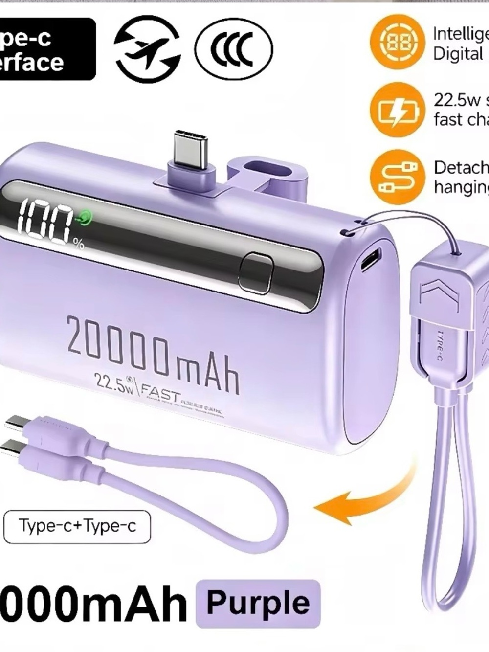 Purple 20000mAh Portable Power Bank with Type-C Fast Charging